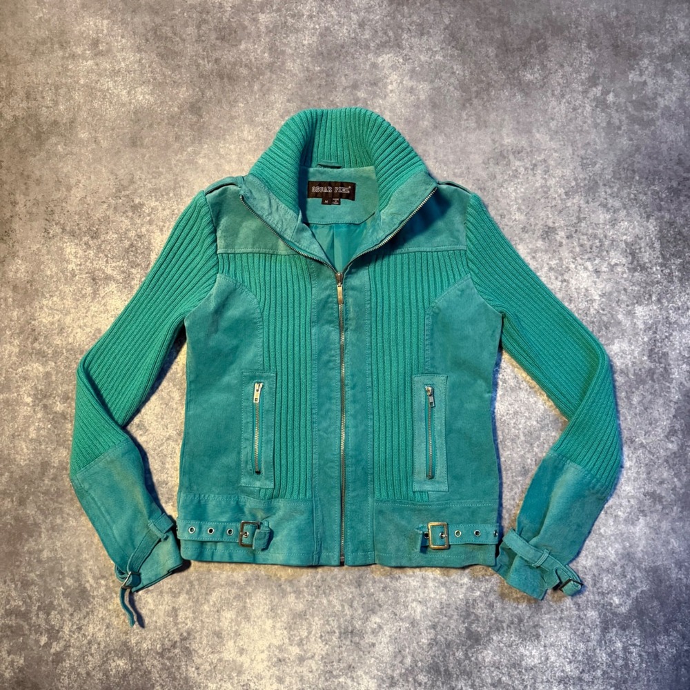 Oscar Piel Teal Leather Knit Suede Moto Jacket Womens Medium Full Zip Buckle Hem